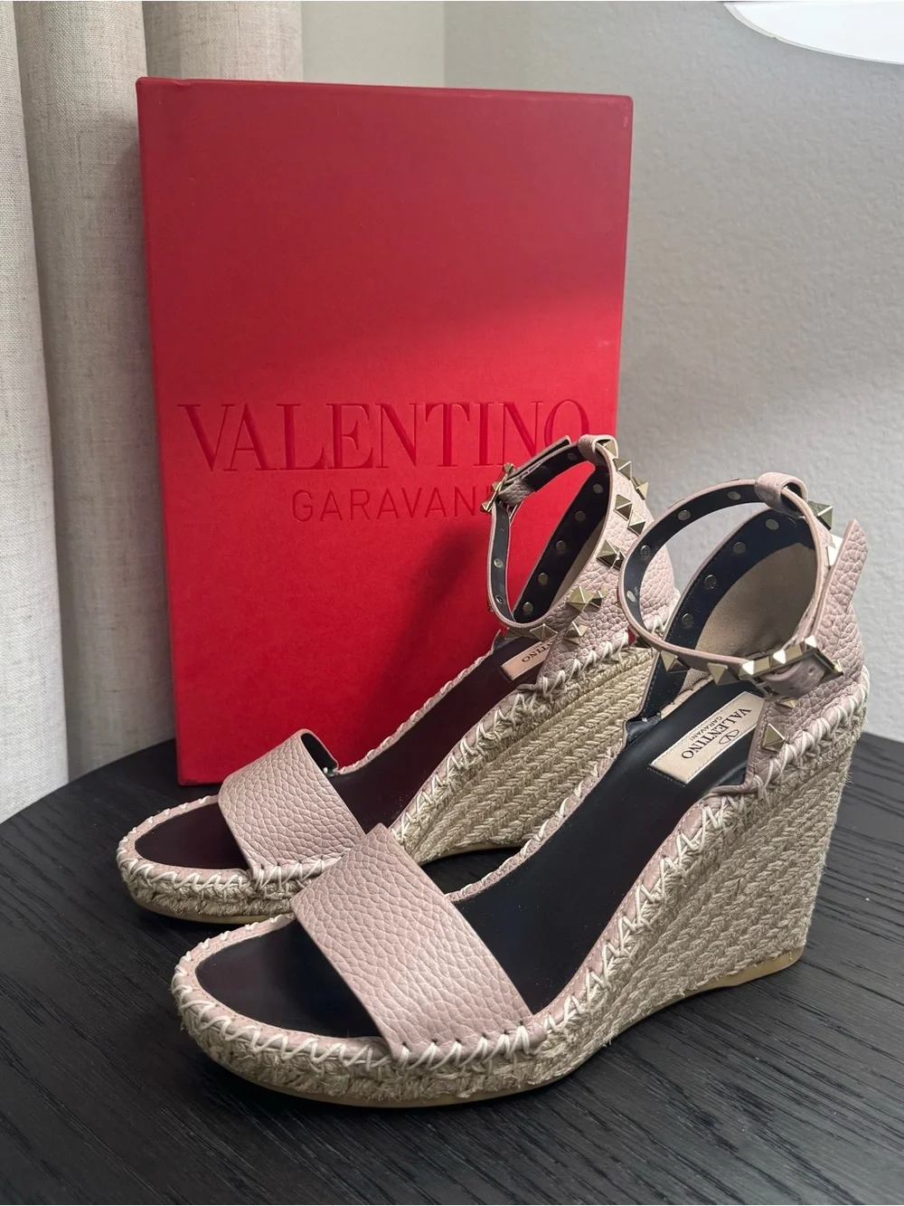 Valentino Garavani Rockstud Espadrille Wedge Sandals Nude 39